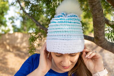Sky Snow Striped Reversible Tunisian Crochet Hat