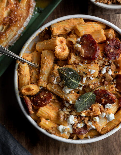 Pumpkin Pasta with Andouille Sausage Goat Cheese and Brown Butter Walnut Sage Crumble