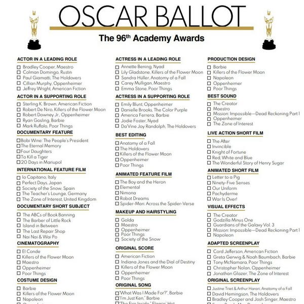 Oscar Ballot Printable 2024