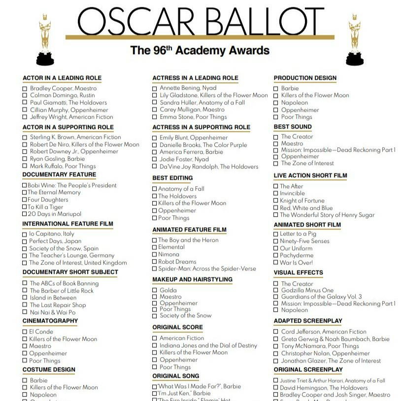 Oscar Ballot Printable 2024