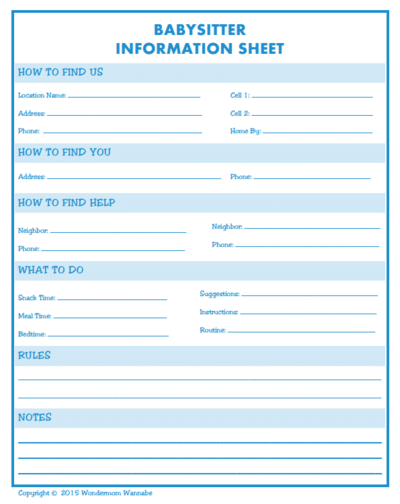 Babysitter Information Sheet Free Printable