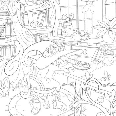 Magical Cat at Home Coloring Page