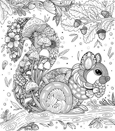 Enchanted Squirrel with Nuts Coloring Page
