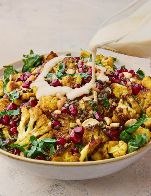 Black Lentil and Cauliflower Salad with Kale Cashews and Pomegranate