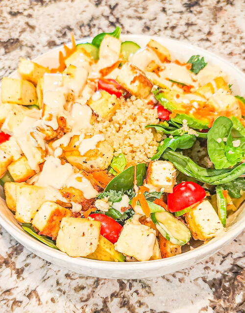 Tofu And Quinoa Power Bowl With Tahini Dressing