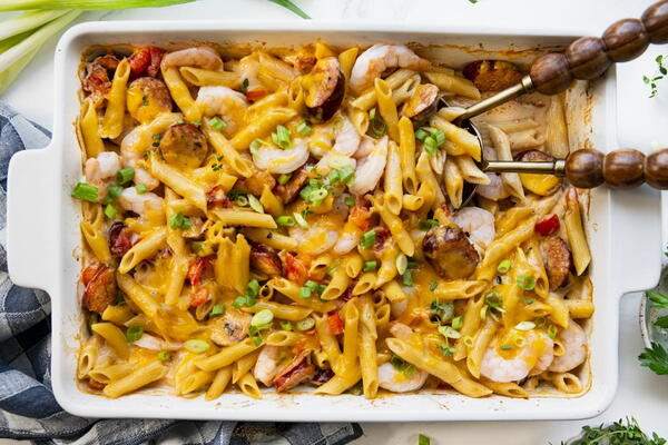 Dump And Bake Cajun Shrimp And Sausage Pasta