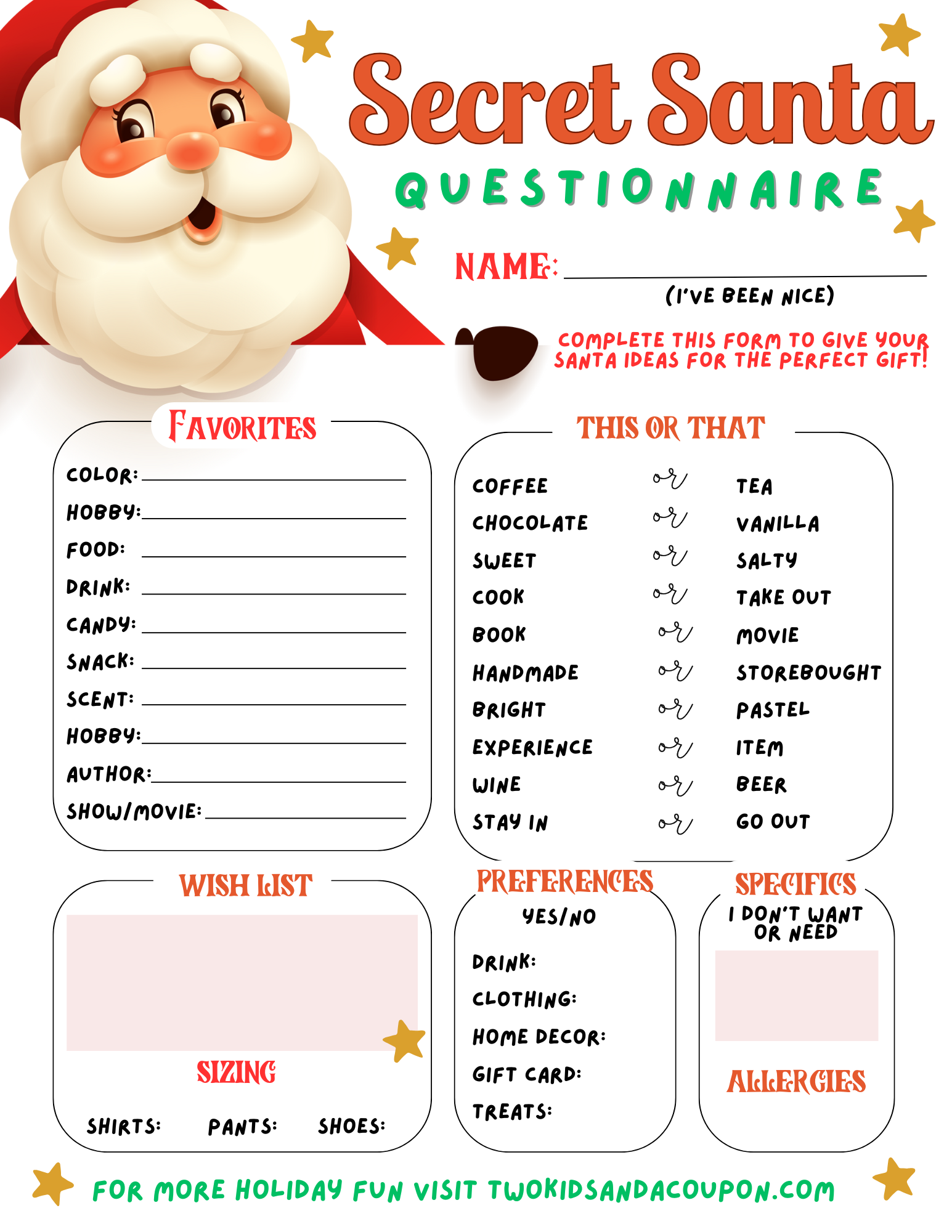 Secret Santa Form | AllFreeHolidayCrafts.com