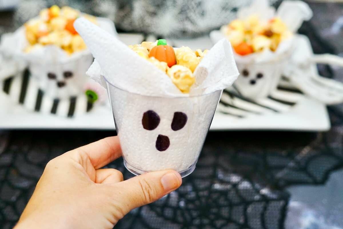 Halloween Snack Mix Boo Cups | AllFreeHolidayCrafts.com