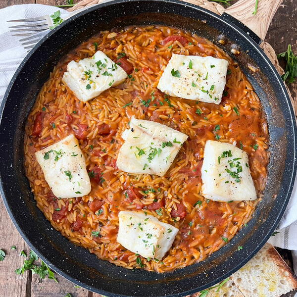 Mediterranean Fish With Orzo & Tomatoes | Heart-healthy One Pan Recipe