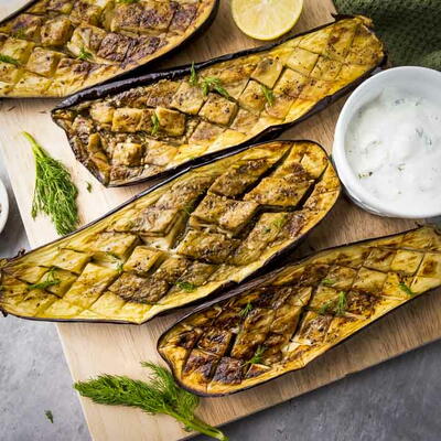 Oven Grilled Eggplant With Easy Garlic Dill Yogurt Sauce