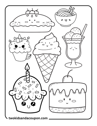 4 Cute Kawaii Snacks Coloring Pages