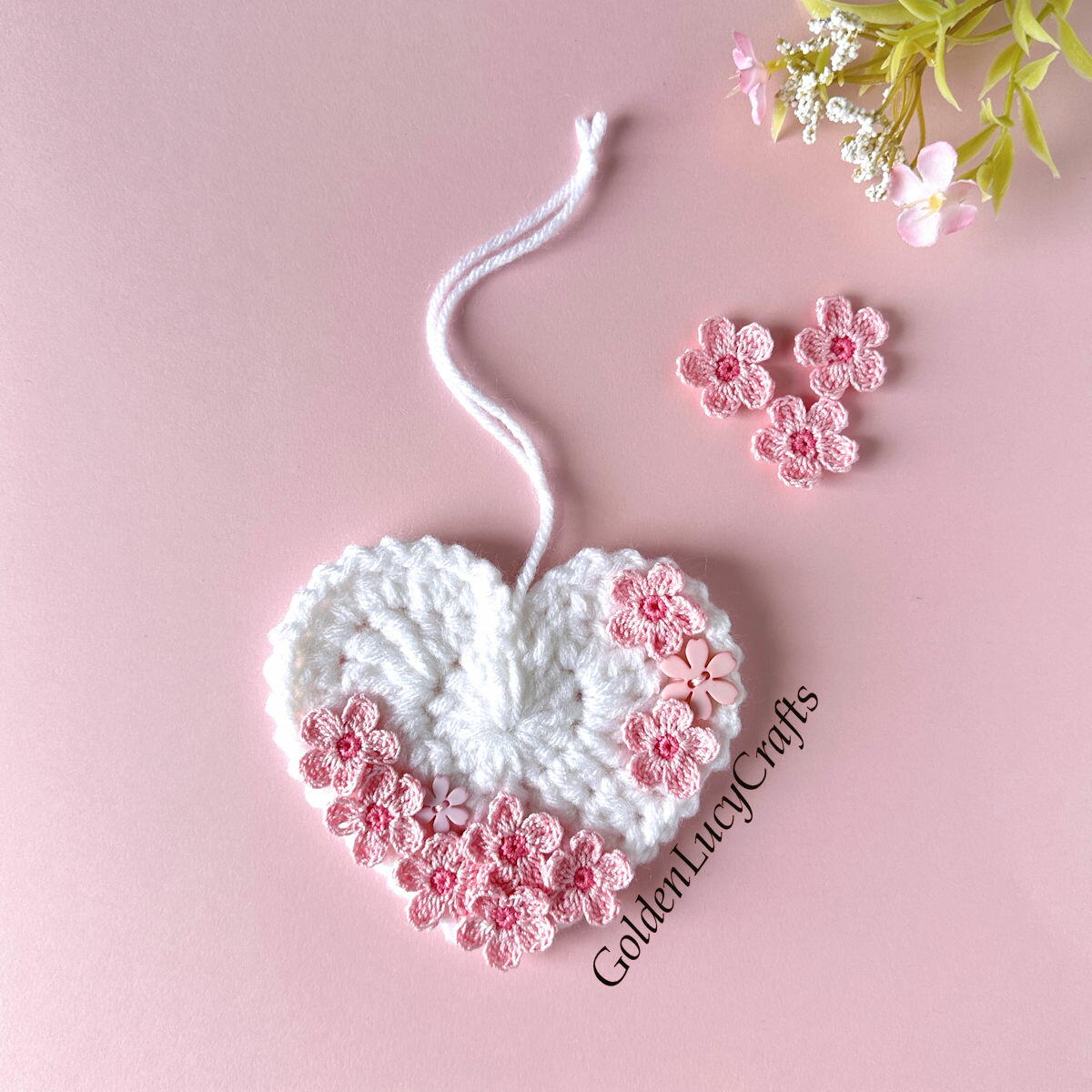 Crochet Cherry Blossom Heart Ornament | AllFreeCrochet.com