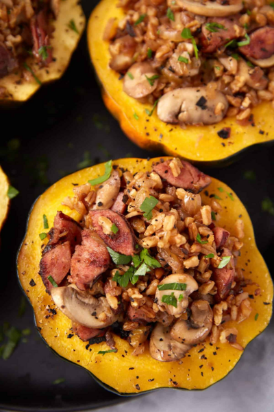 Farro And Sausage Stuffed Acorn Squash