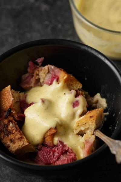 Rhubarb Custard Bread Pudding With Raspberries