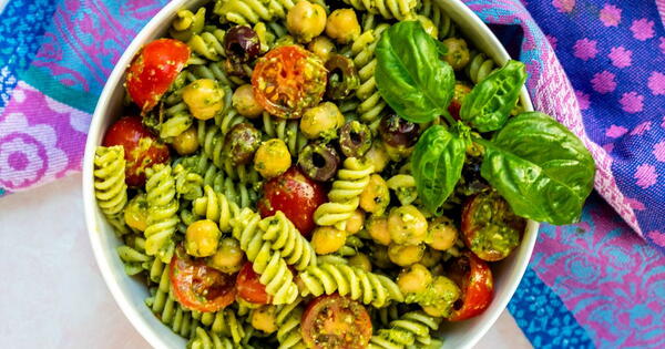 Quick Vegan Pesto Pasta Salad With Chickpeas And Olives