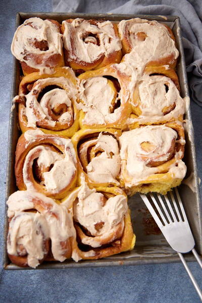 Pumpkin Cinnamon Rolls With Spiced Cream Cheese Frosting