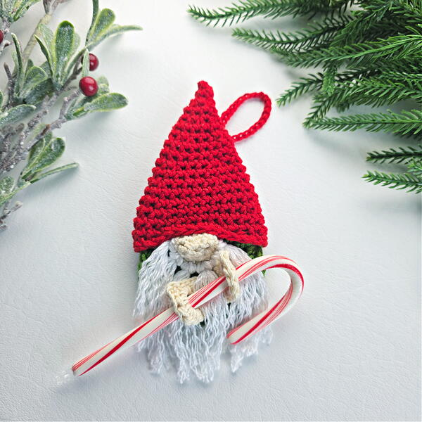 Crochet Gnome Candy Cane Holder Ornament