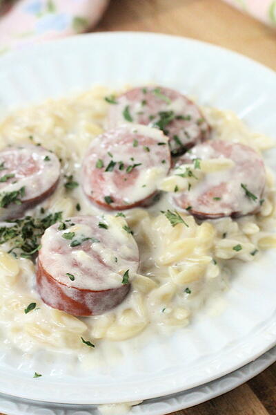 Garlic Alfredo Orzo With Kielbasa