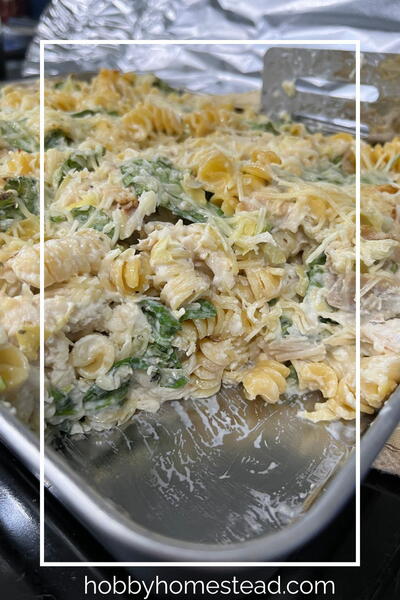 Creamy Spinach Artichoke Chicken Pasta Bake