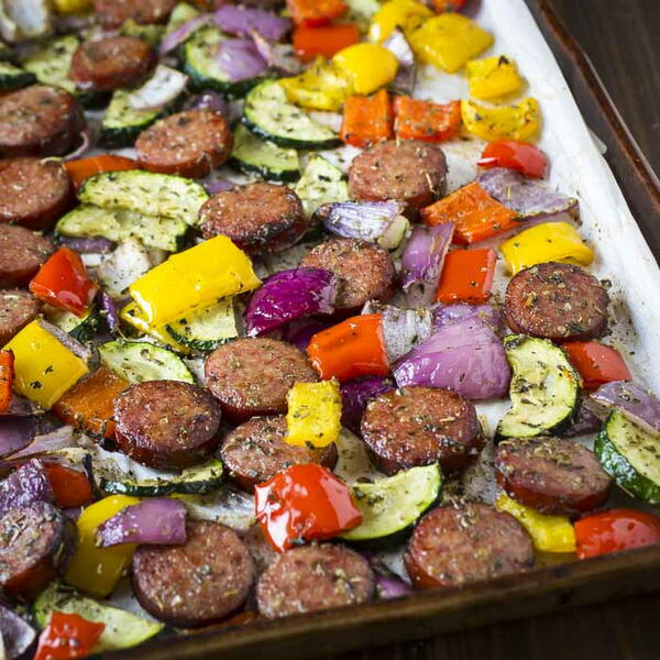 Sheet Pan Kielbasa And Rainbow Veggies