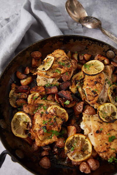 Baked Chicken With Lemon, Capers, And Roasted Potatoes